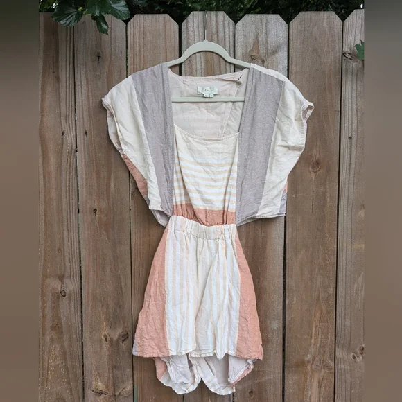 Anthropologie Elevenses Neutral Striped Square Neckline Cut Out Romper - Picture 1 of 16
